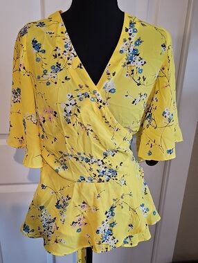 LOFT Yellow Floral Wrap Peplum Blouse with Blue & Pink Accents